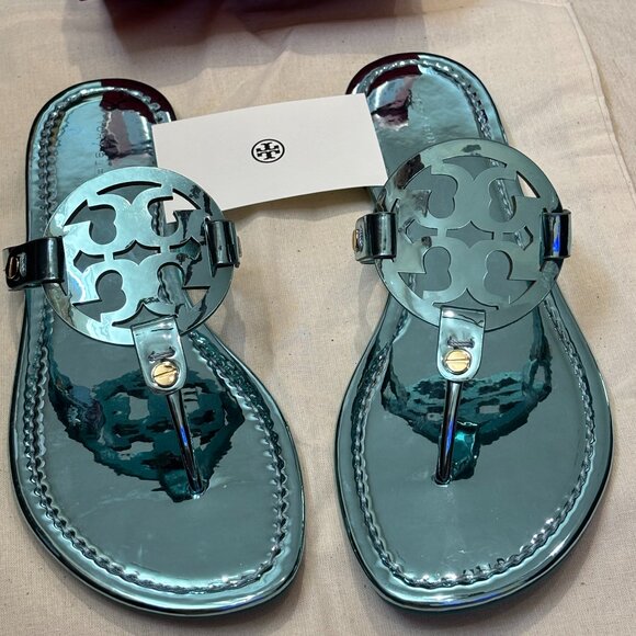 Tory Burch Miller Mirrored Metallic Teal Sandal - Picture 8 of 14